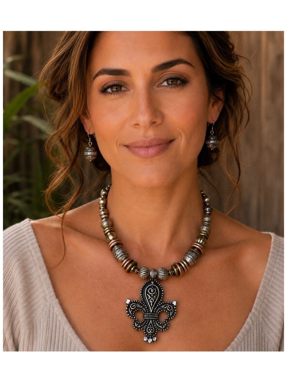 Fleur-de-Lis Multi-Tone Statement Necklace & Earring Jewelry Set. - Picture 8 of 14